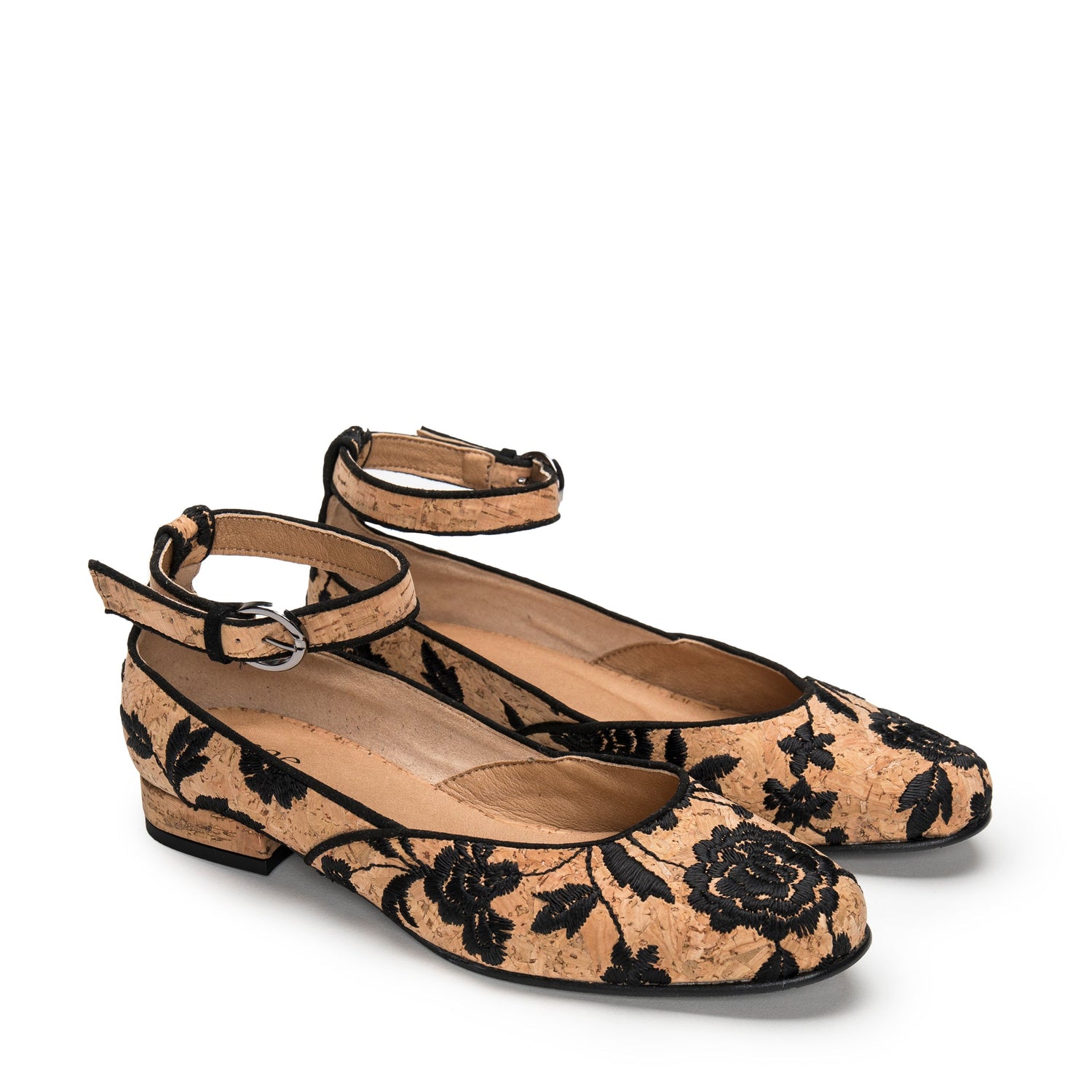 LEEN CORK Brown Vegan Ballerina Flats in Embroidered Cork