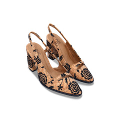 Décolleté slingback donna vegane con tacco in sughero ricamato