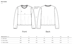 Sizing chart for a sustainable long-sleeve shirt with measurements on front and back views.