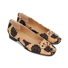 Vegane Ballerinas Flacher mit quadratischen Zehen aus bestickter Kork Organisch | NAE
