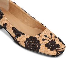 Brown cork vegan ballerina flats with square toe and floral embroidery