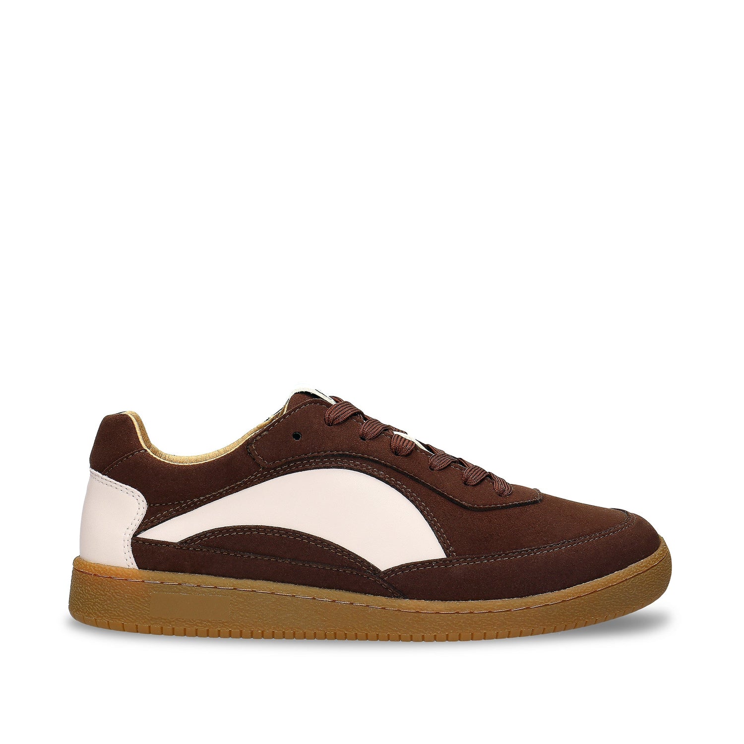 MACKAY Beige vegan unisex retro sneaker close-up — dark brown microsuede with beige panel and gum sole, worn with dark jeans