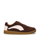 MACKAY Beige vegan unisex retro sneaker close-up — dark brown microsuede with beige panel and gum sole, worn with dark jeans