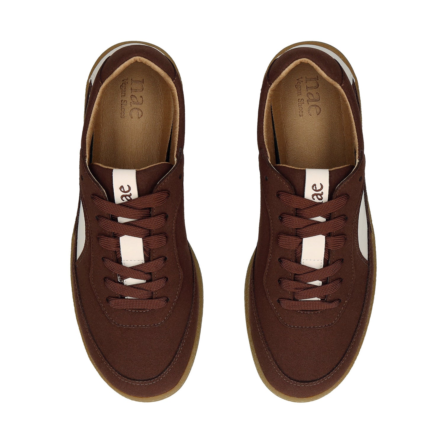 MACKAY Beige vegan sneaker side view — unisex retro silhouette with beige side panel and gum sole