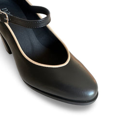 Chaussures talons noires femmes véganes Mary Jane bordure beige Apple Leather