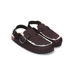 MEDAN Brown vegan clog side view — dark brown vegan nubuck upper with organic cotton lining, cork footbed and recycled tyre sole, made in Spain