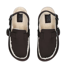 MEDAN Brown vegan clog top view — organic cotton plush lining and double buckle strap detail, NAE Vegan Shoes, made in Spain
