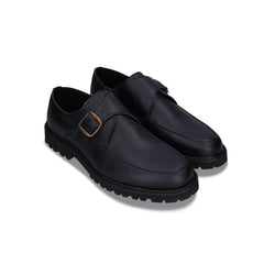 Schwarze flache vegane Loafer für Herren mit verstellbarem Riemen und Schnalle für lässige Kleidung | NAE