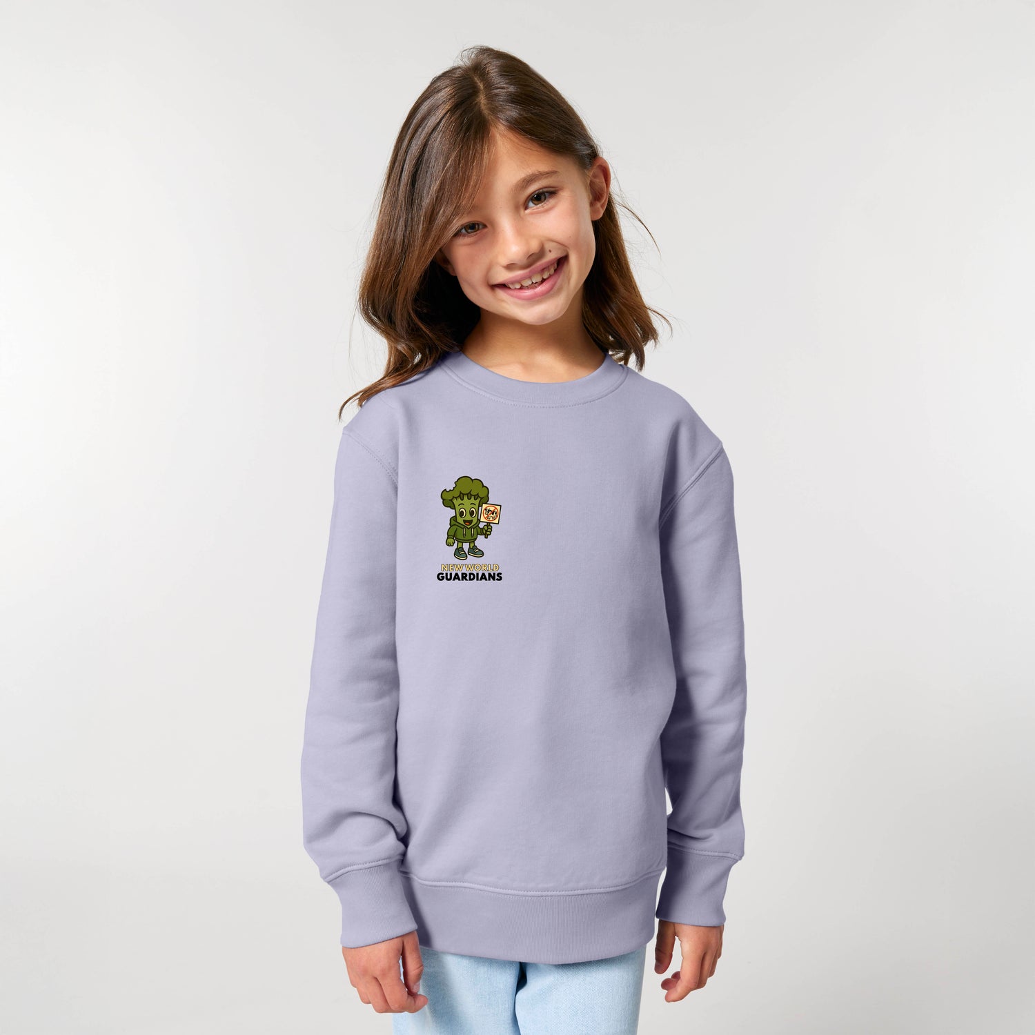 Light purple sustainable kids sweater with Steamy hero design in organic cotton, worn by child, 10 color options