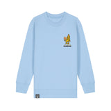 Roots for Our Future sustainable kids sweater in light blue with Bany hero graphic, organic cotton, 10 colors available