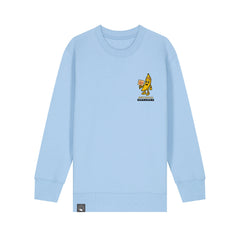 Roots for Our Future sustainable kids sweater in light blue with Bany hero graphic, organic cotton, 10 colors available