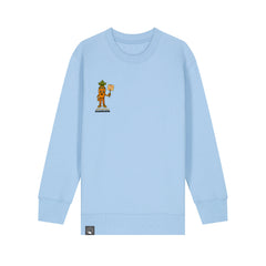 Organic cotton kids sweater in light blue with Crunch vegan hero design, sustainable fashion in ten colors