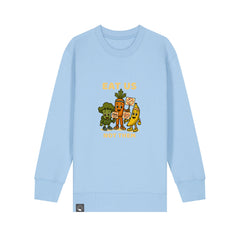 Light blue organic cotton kids sweater with Full Squad vegan hero design, eco-friendly fashion in 10 colors