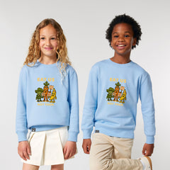 Two children wearing light blue sustainable sweatshirts with a colorful graphic design in organic cotton