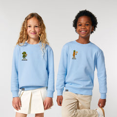 Roots for Our Future sweaters in light blue organic cotton with Steamy and Crunch vegan hero prints, modeled by children, ten colors