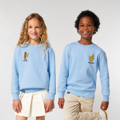 Two children wearing light blue organic cotton sweatshirts with plant hero prints, available in 10 colors