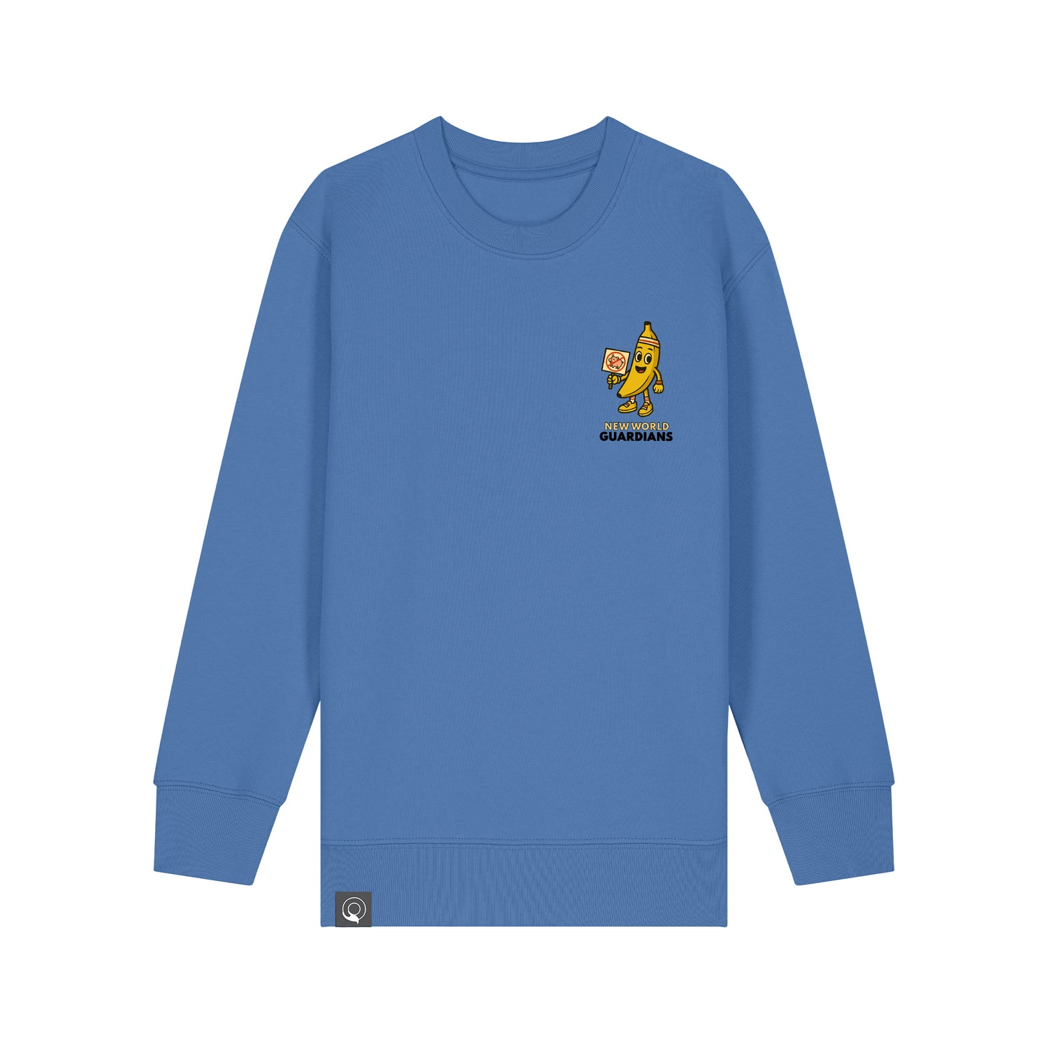 Eco-friendly blue kids sweater with Bany hero design, made from organic cotton, Roots for Our Future, 10 colors