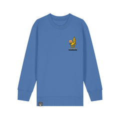 Eco-friendly blue kids sweater with Bany hero design, made from organic cotton, Roots for Our Future, 10 colors
