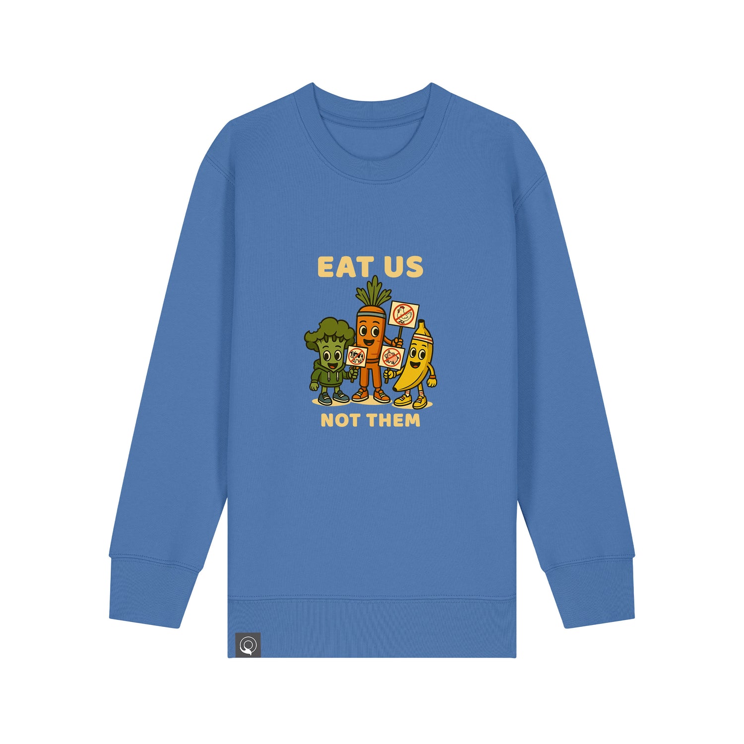 Sustainable fashion –  bright blue organic cotton kids sweater with Full Squad vegan hero print, 10 color options