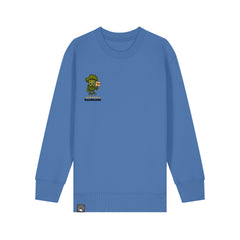 Organic cotton blue kids sweater with Steamy hero design, sustainable Roots for Our Future clothing, 10 colors