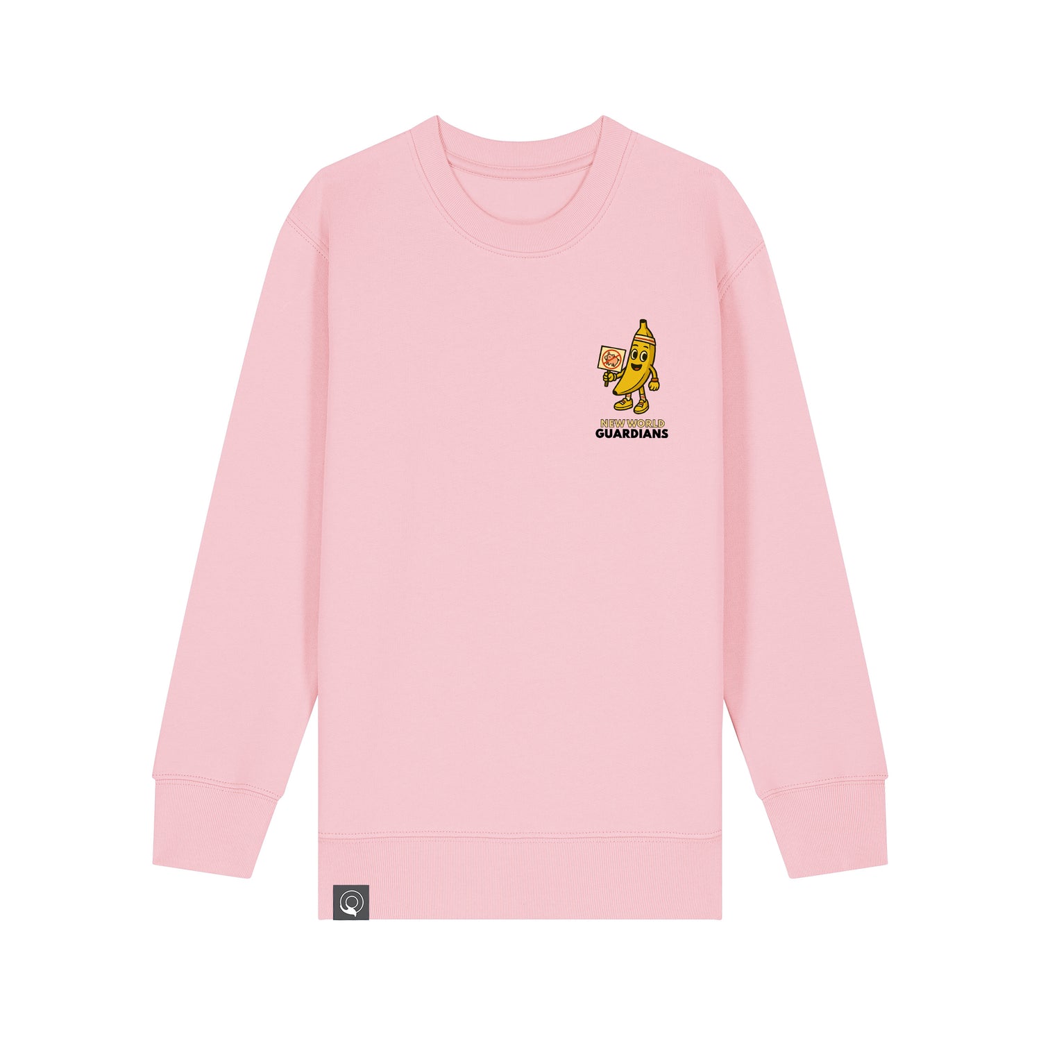 Organic cotton light pink kids sweater featuring Bany vegan hero design, eco-friendly and ethical, 10 colors