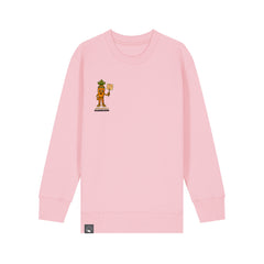 Eco-friendly children’s sweater in light pink organic cotton featuring Crunch plant hero graphic, ten colors available