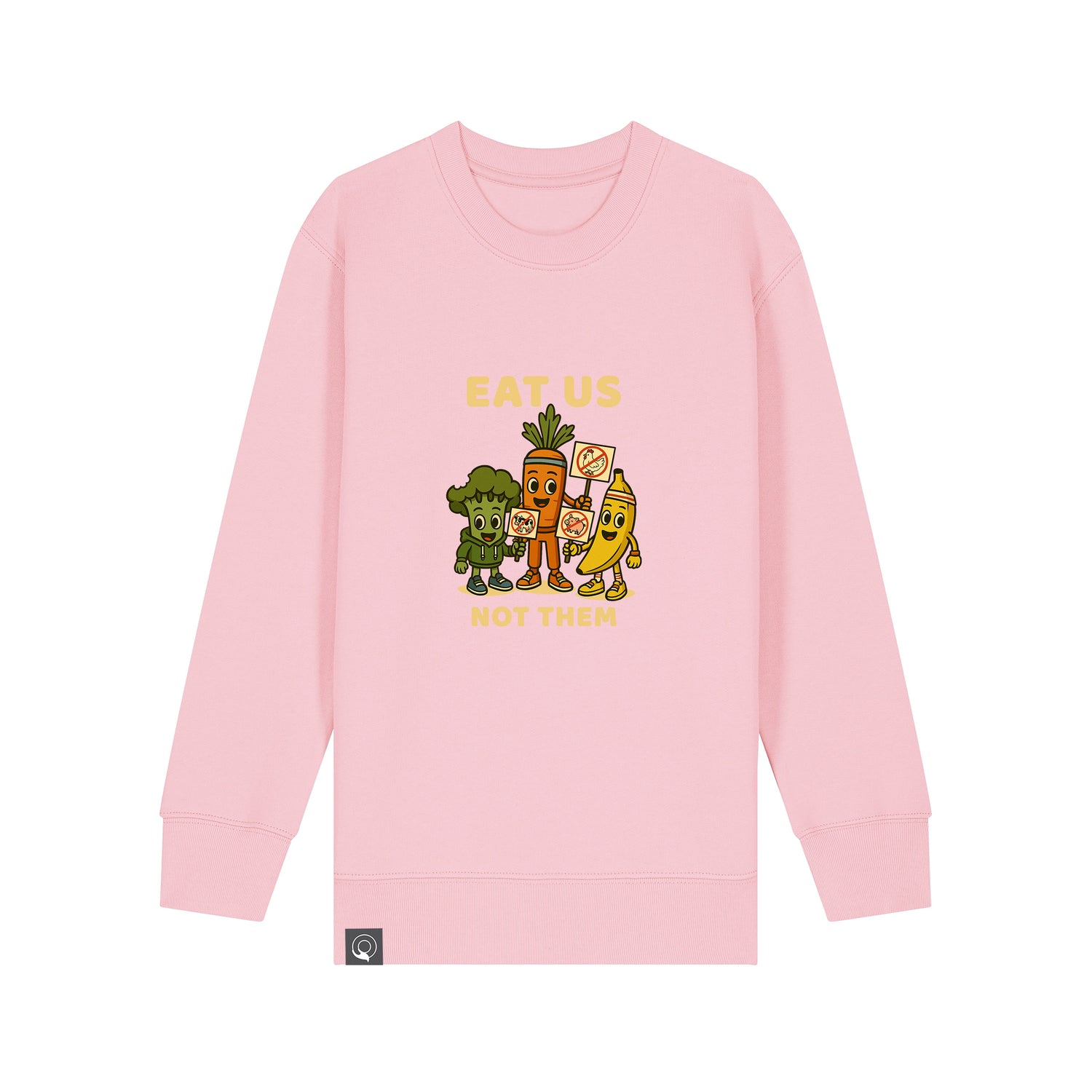 Eco-friendly pink kids sweater with Full Squad vegan hero graphic, organic cotton, 10 colors available
