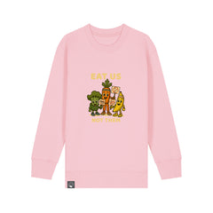 Eco-friendly pink kids sweater with Full Squad vegan hero graphic, organic cotton, 10 colors available