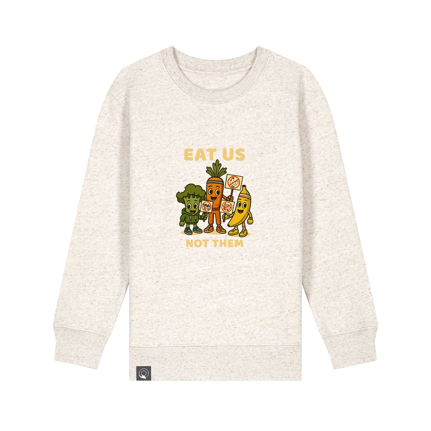 Eco-friendly organic cotton children’s sweater, beige with Full Squad vegan hero graphic, 10 color options
