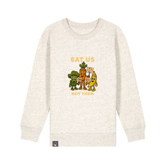 Eco-friendly organic cotton children’s sweater, beige with Full Squad vegan hero graphic, 10 color options