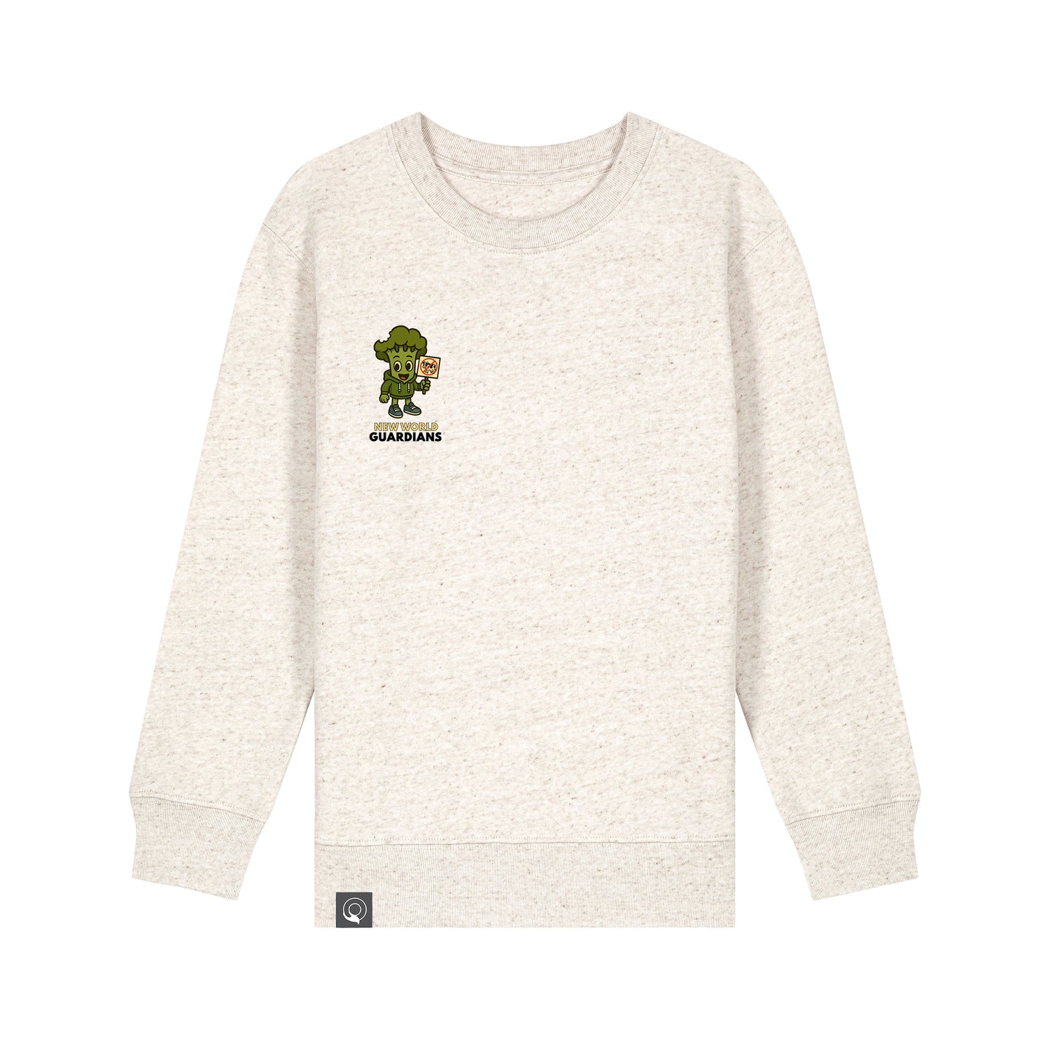 Beige organic cotton children’s sweater with Steamy vegan hero design, eco-friendly fashion in 10 colors