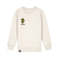 Beige organic cotton children’s sweater with Steamy vegan hero design, eco-friendly fashion in 10 colors