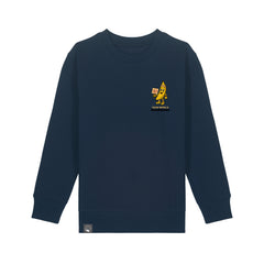 Sustainable fashion – navy blue organic cotton sweater with Bany vegan hero print for kids, 10 color options