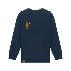 Eco-friendly organic cotton kids’ sweater in navy blue with Crunch vegan hero print, Roots for Our Future, 10 colors
