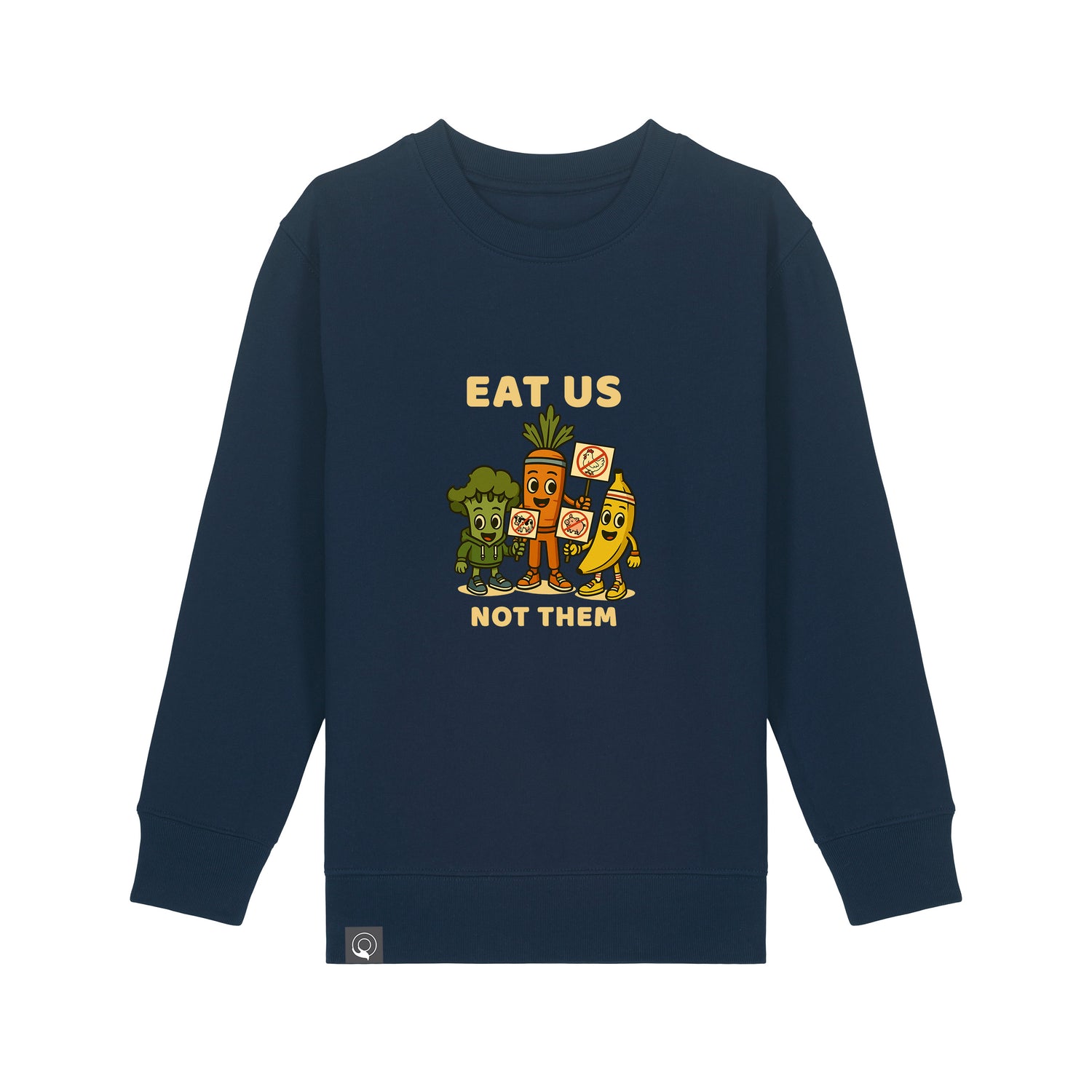 Vegan Rebel kids’ sweater in navy blue organic cotton with Full Squad hero print, sustainable fashion, 10 colors