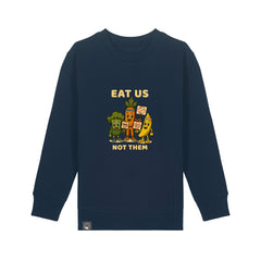 Vegan Rebel kids’ sweater in navy blue organic cotton with Full Squad hero print, sustainable fashion, 10 colors