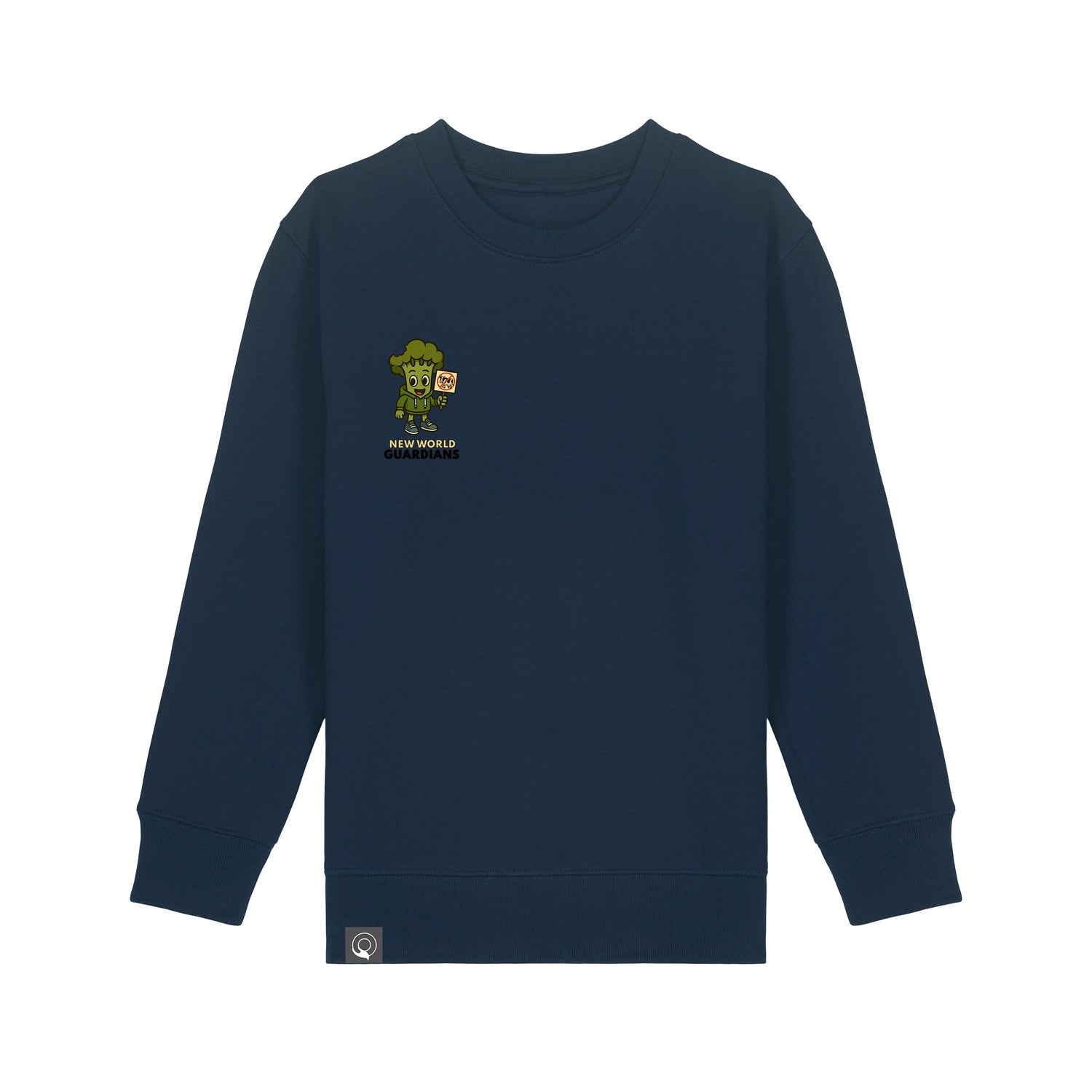 Vegan Rebel kids’ sweater in navy blue with Steamy hero graphic, organic cotton, 10 colors