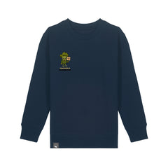 Vegan Rebel kids’ sweater in navy blue with Steamy hero graphic, organic cotton, 10 colors