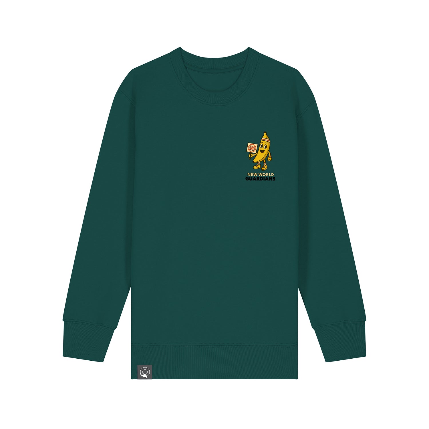 Organic cotton kids sweater in green with Bany hero graphic, sustainable and vegan clothing, 10 colors