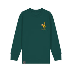 Organic cotton kids sweater in green with Bany hero graphic, sustainable and vegan clothing, 10 colors