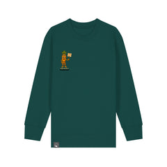 Children’s sustainable sweater in organic cotton, green with Crunch plant hero design, available in ten colors