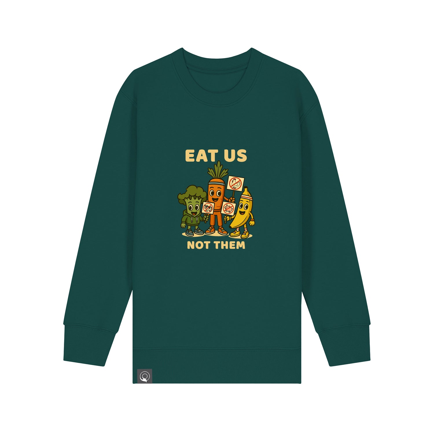 Vegan Rebel kids’ sweater in green organic cotton with Full Squad hero graphic, Roots for Our Future, 10 colors