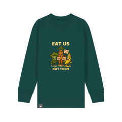 Vegan Rebel kids’ sweater in green organic cotton with Full Squad hero graphic, Roots for Our Future, 10 colors