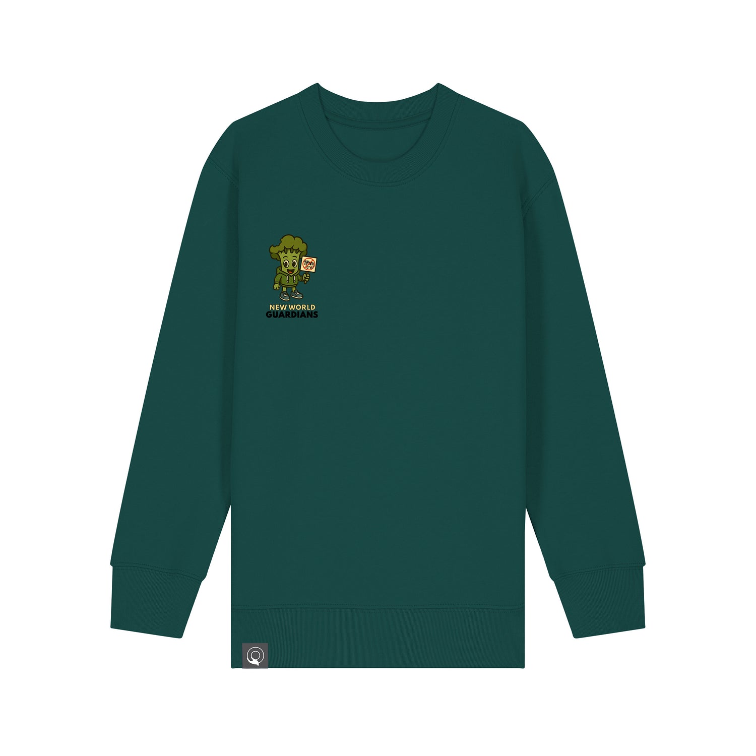 Kids’ fashion – green sustainable sweater with Steamy vegan hero print, 100% organic cotton, ten colors