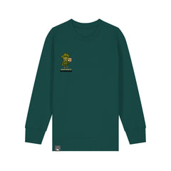 Kids’ fashion – green sustainable sweater with Steamy vegan hero print, 100% organic cotton, ten colors