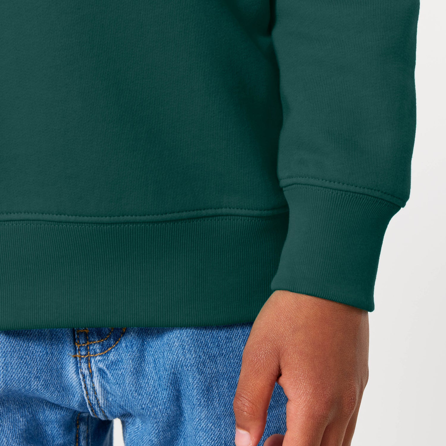 Vegan Rebel kids’ sweater close-up in green organic cotton with vegan hero print, sustainable fashion, 10 colors