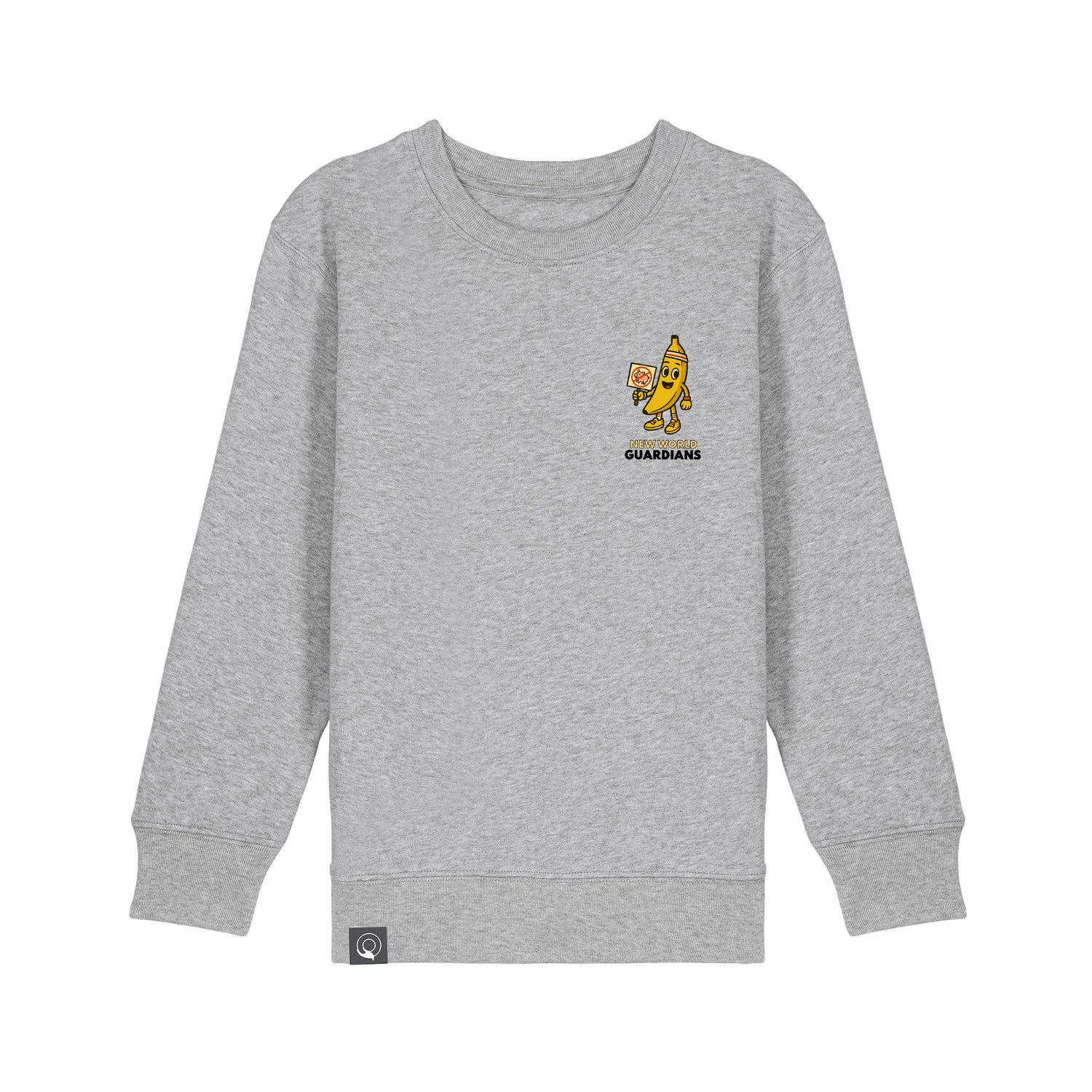 Sustainable kids sweater made from organic cotton, grey with Bany vegan hero design, 10 colors