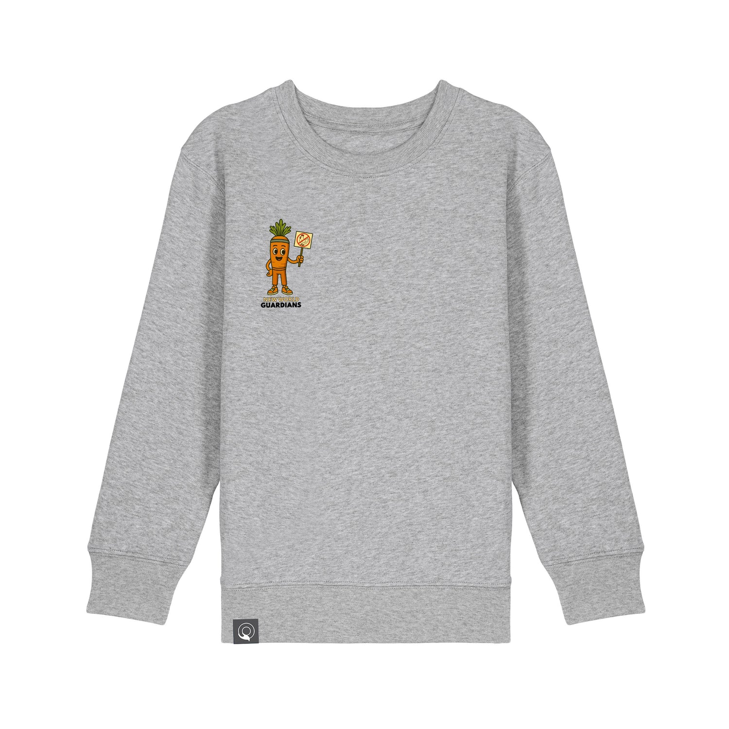 Roots for Our Future kids sweater in organic cotton, grey with Crunch plant hero print, available in 10 colors