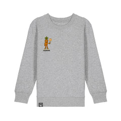 Roots for Our Future kids sweater in organic cotton, grey with Crunch plant hero print, available in 10 colors