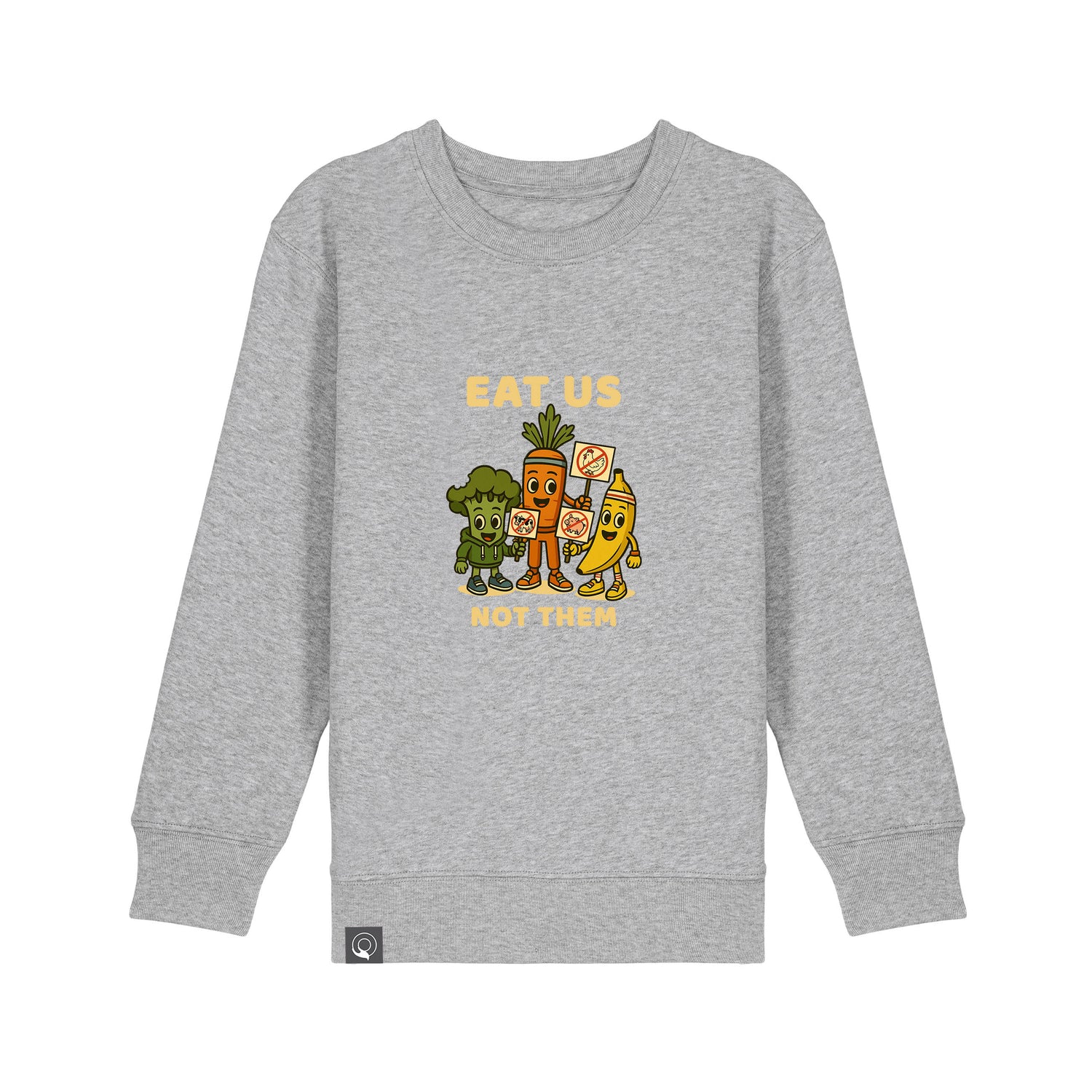 Sustainable kids sweater in grey organic cotton with Full Squad hero design, Roots for Our Future, 10 colors